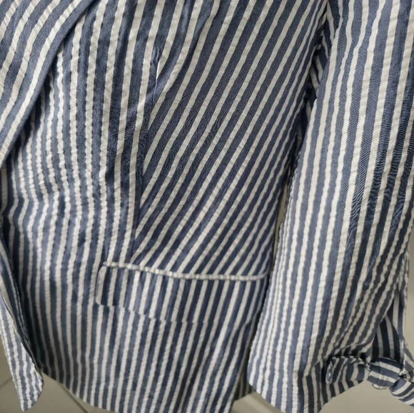 ELLE Open Front Vneck Blazer Shacket Women White/Blue striped 3/4 Sleeve Sz: M - Picture 4 of 14